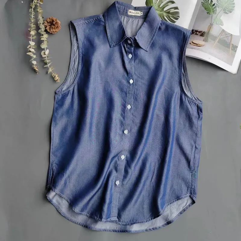 Shirt Camp Collar - Chemise en jean sans manches bleue
