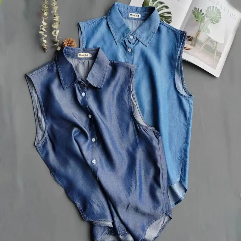 Chemise en jean sans manches b - Shirt Camp Collar avis et prix