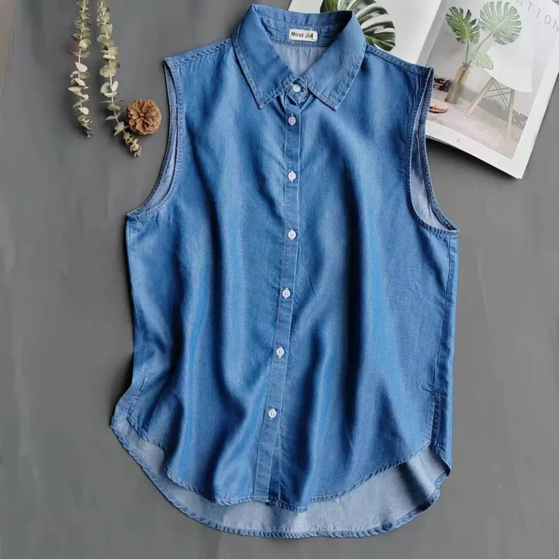 Chemise en jean sans manches b - Shirt Camp Collar avis et prix